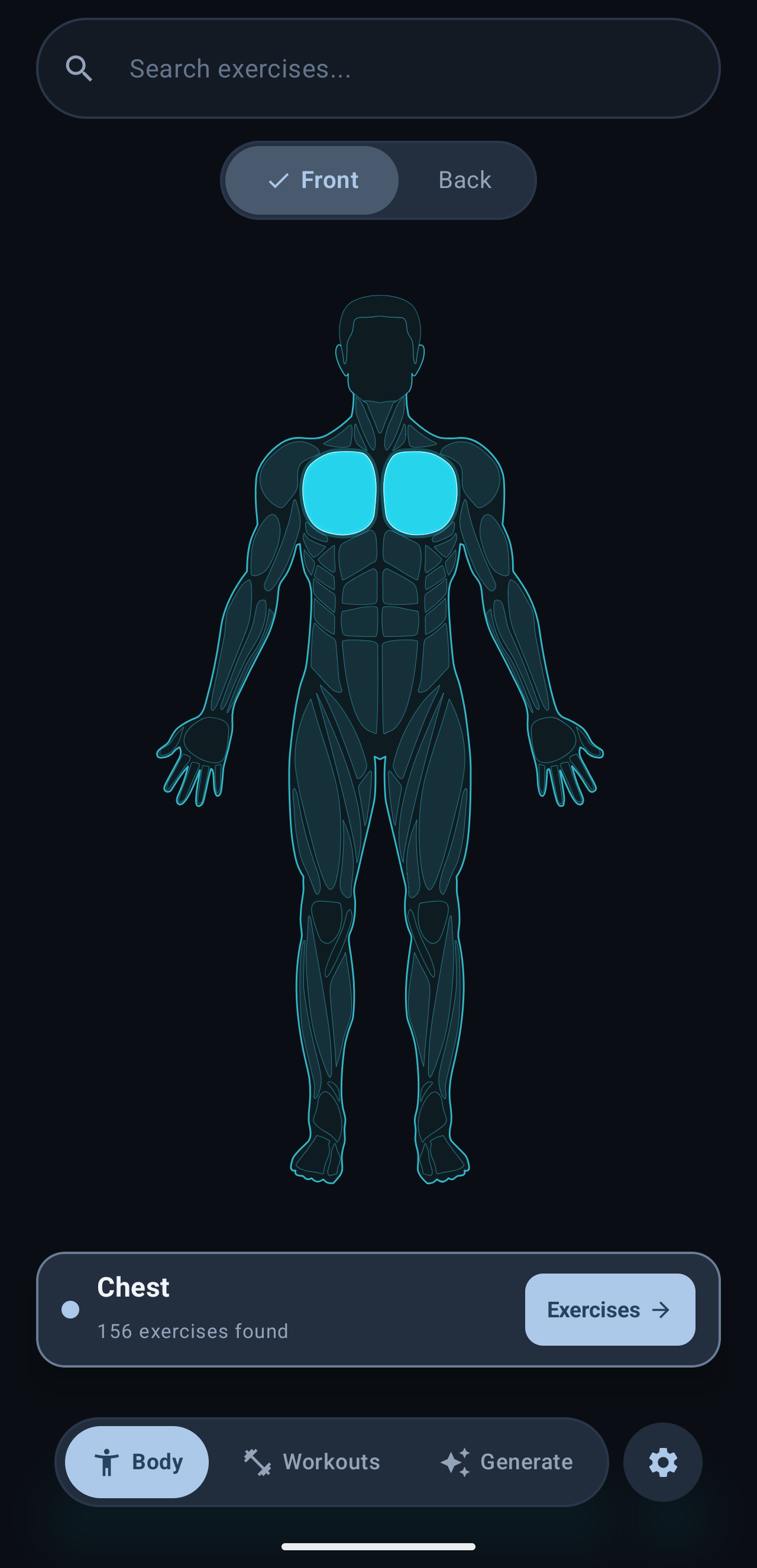 FitApp body map with chest selected