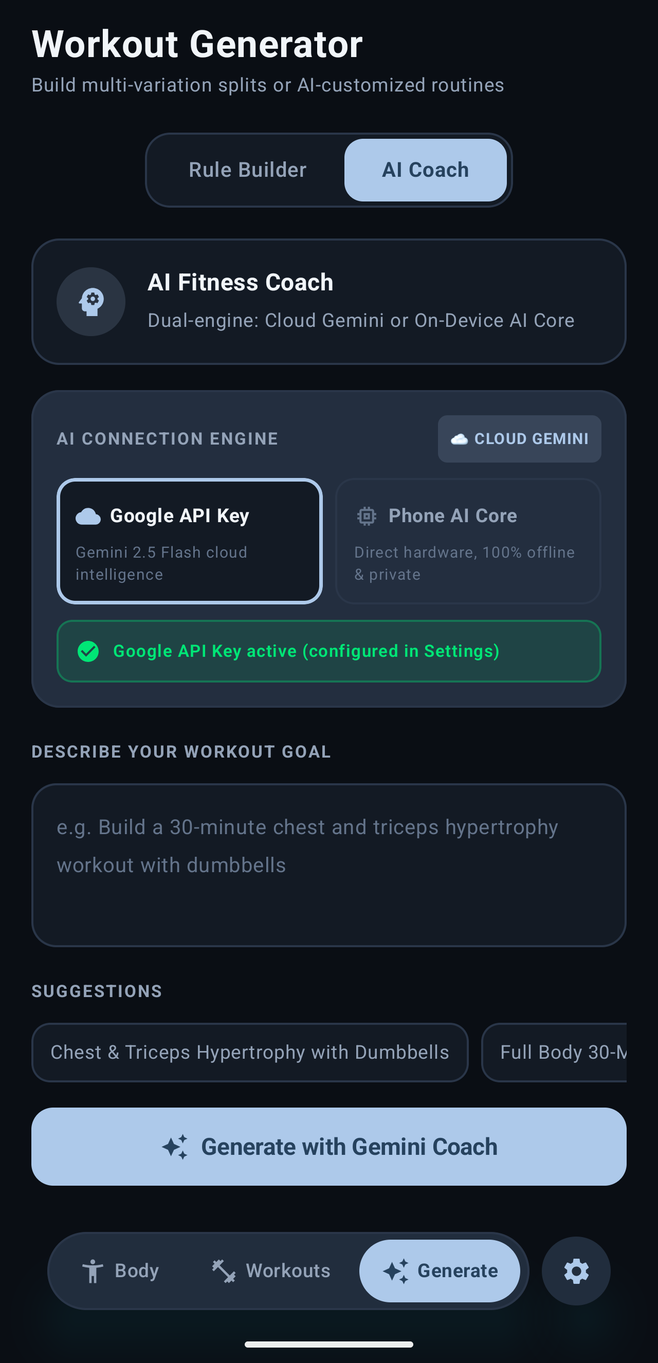 Workout generator, AI Coach mode