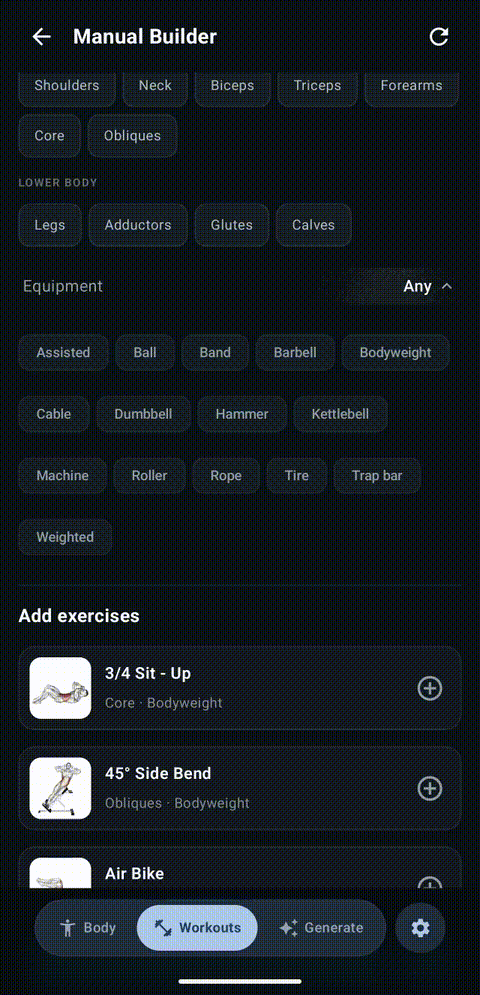 Manual workout builder flow