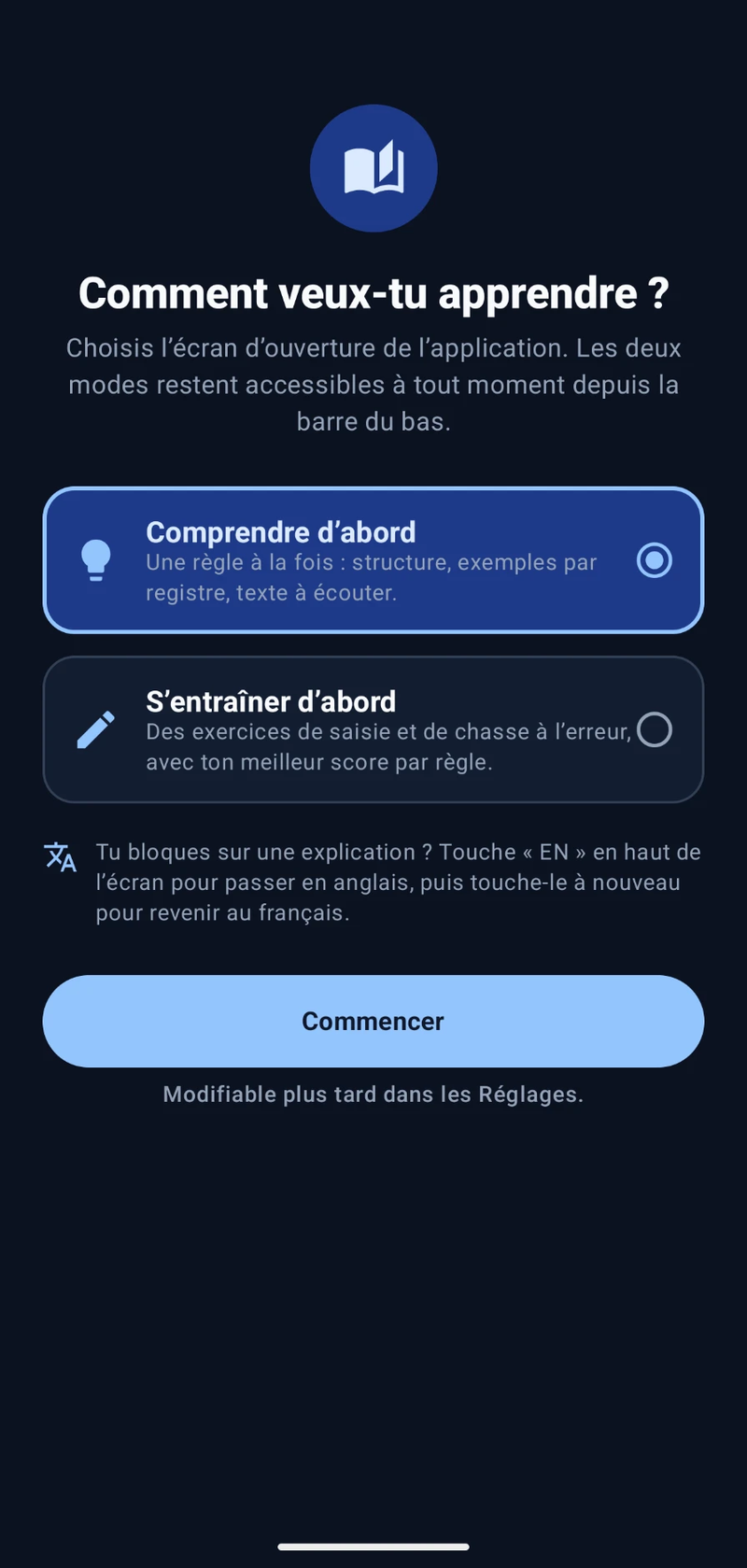 First-launch screen asking whether to start by understanding or by practising