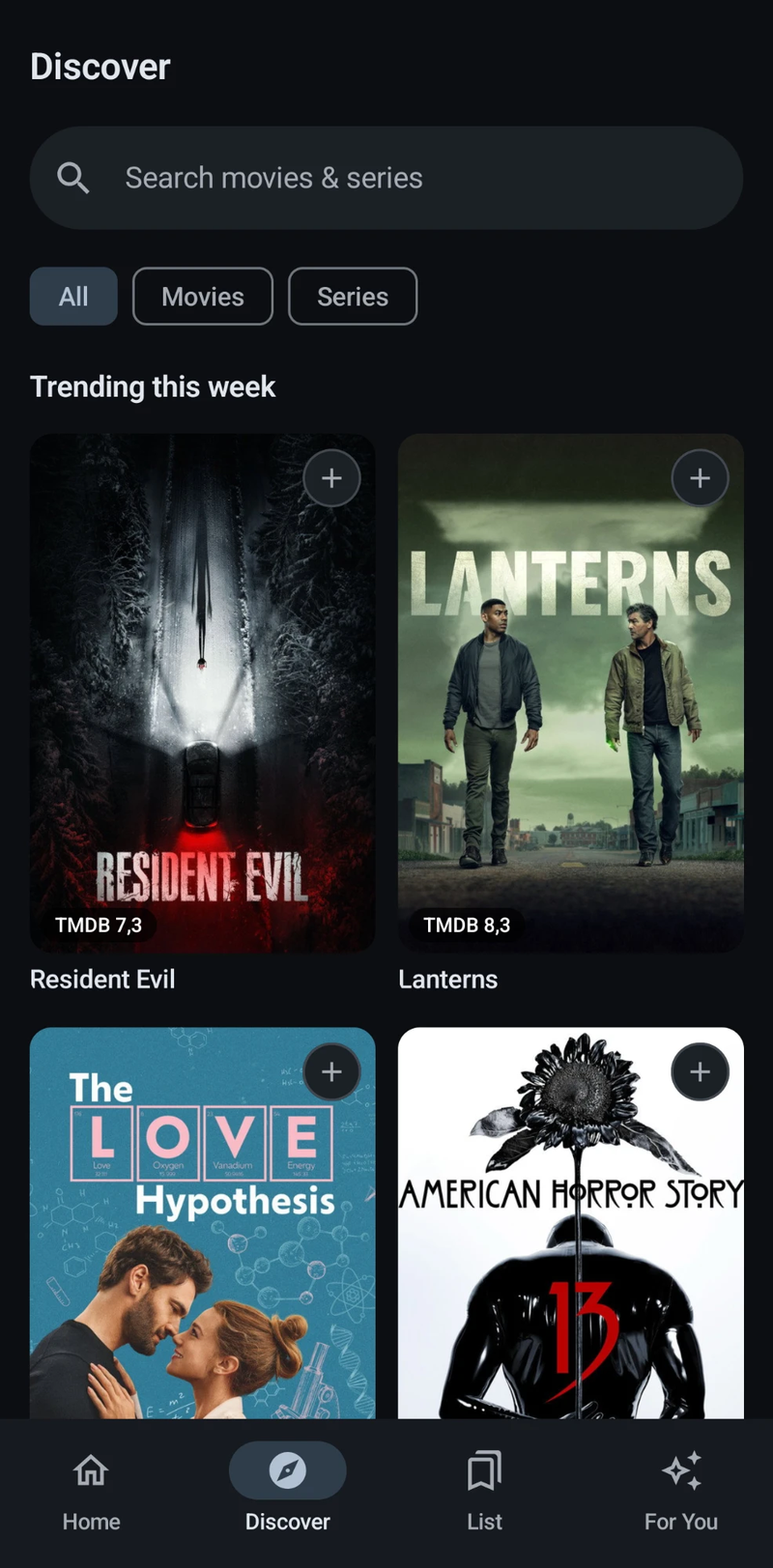 Discover screen showing trending titles