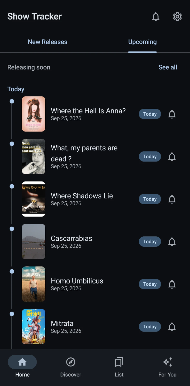 Home screen, Upcoming tab with a release timeline and bells